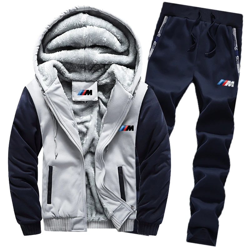 

Men Long Sleeve Hooded Tops BMW Logo Print Custom Made 2021 Winter New Casual Thicken Warm Men Zipper Hoodie+Sweatpants Men Suit