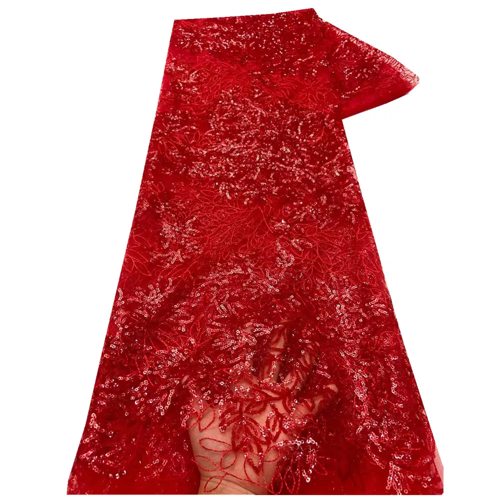 

2021 5Yards Sequins Tulle Lace Red African Sequence Lace Fabric High Quality Nigerian French Net Lace Fabric For Wessing xz21756