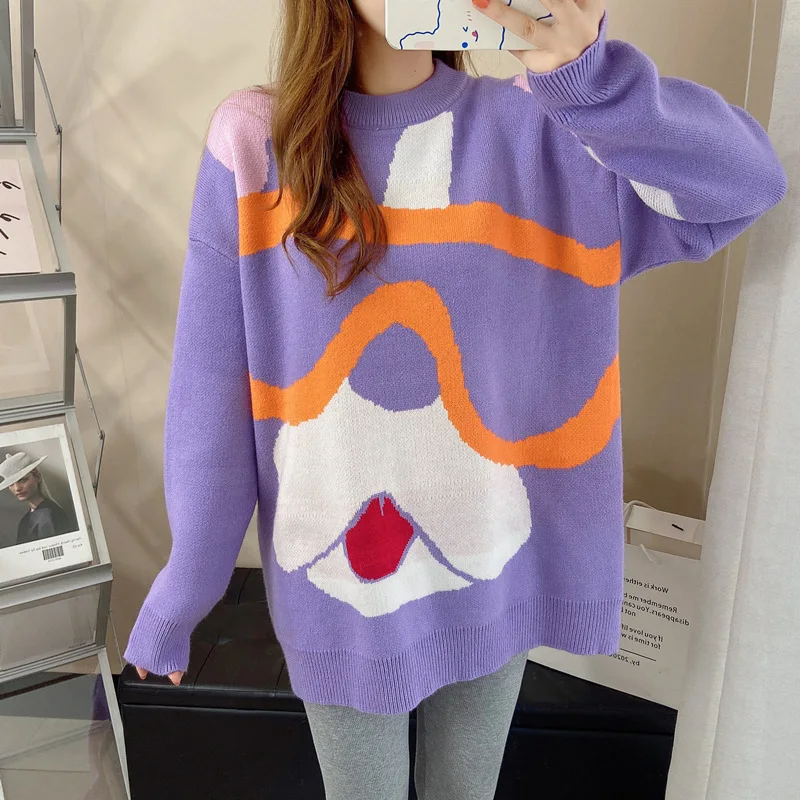 

Cartoon Thick Sweater Women's 2021 Fall Winter New Clothes Korean Jacquard Warm Loose Thin Fashion Knitted Top