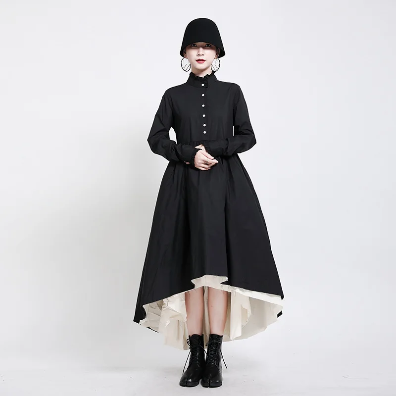 

Woman Harajuku Dark Style Dress White Stitching Large Hem Shaggy Skirt 2021 Fashion Streetwear Solid Color High Waist Dresses