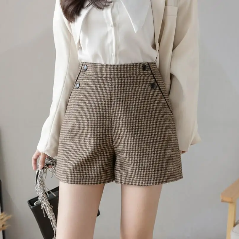 

2021 Autumn Winter Women Shorts High Waist Houndstooth Shorts Casual Slim Vintage Woolen Shorts Women S559