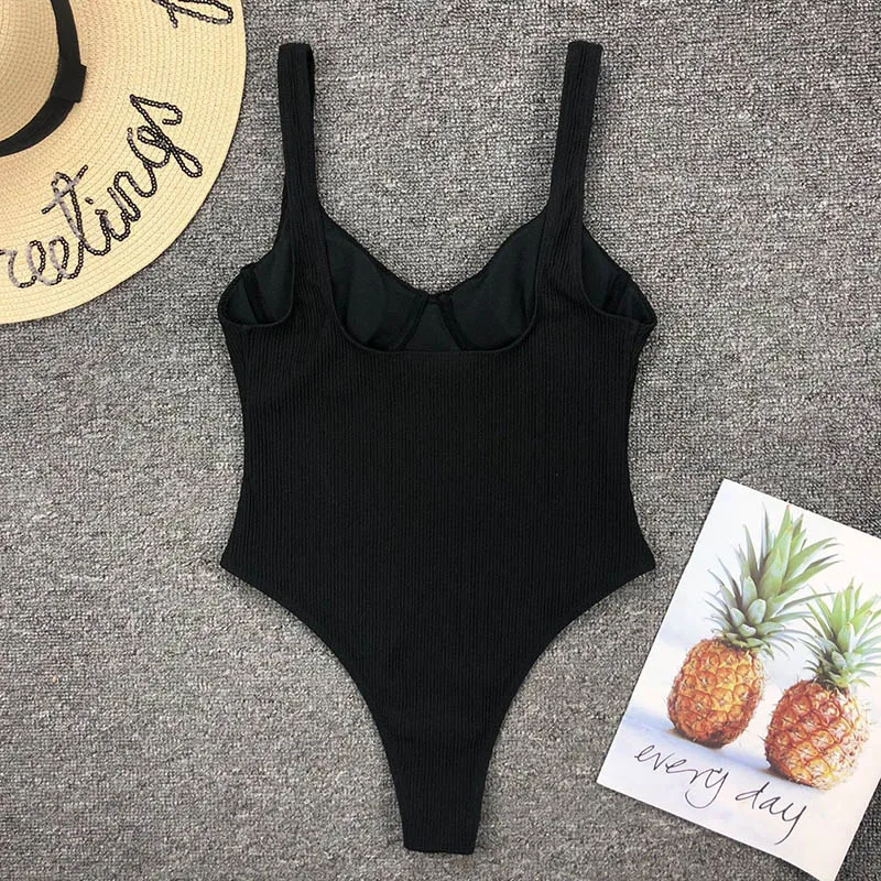

Push Up One Piece Swimsuit Sexy High Cut Swimwear Women 2021 Black Bodysuits Summer Padded Bathing Suit Women Swim Wear