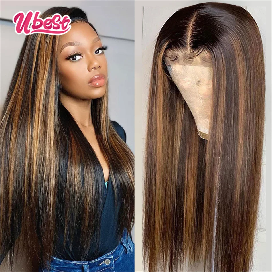 Ubest Highlights Color Peruvian Straight Lace Front Wig Transparent Colored Human Hair Wigs Pre Plucked 180% Lace Frontal Wigs