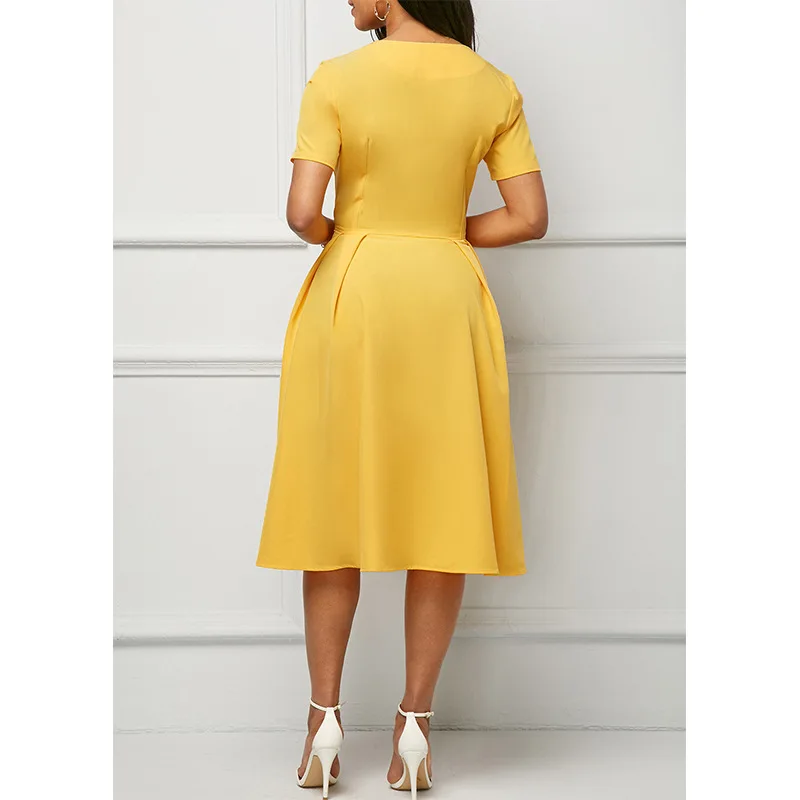 

European Style Women Summer Fashion Elegant Office Lady Sexy Slim Party Dress Casual High Waist4 Patchwork V-neck A-line Dress