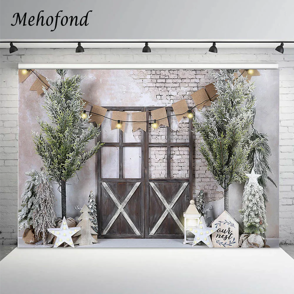 

Mehofond Christmas Tree Photography Background Broken Brick Wall Black Wooden Door Baby Birthday Portrait Backdrop Photo Studio