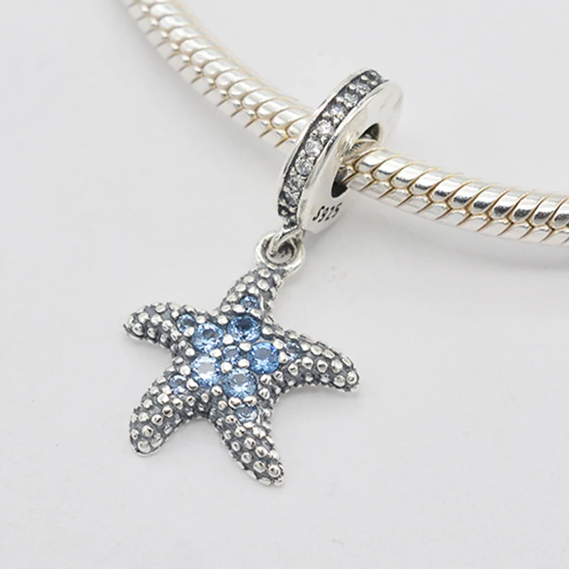 

High Quality 925 Sterling Silver Blue CZ Cute Starfish Dangle Charms Fit Charm Bracelets & Bangles Diy Jewelry