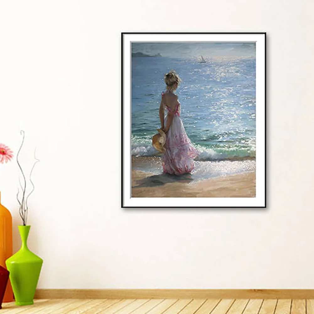 Летняя живопись масляными красками море пляж Красота Девушка Печать холст