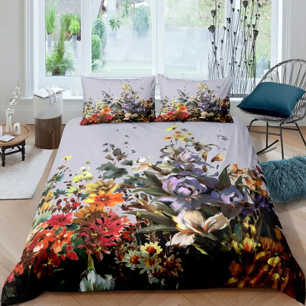 

European Flowers Pattern Bedding Set Queen 3D Printed Duvet Cover Bedclothes 2/3pcs Home Textiles For Bedding Living Room