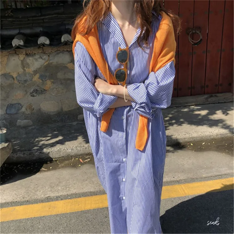 TVVOVVIN2020 New Spring Summer Lapel Stripe Long Shirt Dress Women Korea Loose Plus Size Casual Cotton Blouse Tide PD972 | Женская