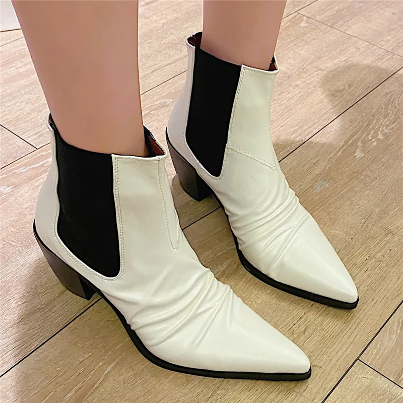 

Full Cowhide Design Pleated Western Cowboy Boots Fall Winter Crude Heel Pointed Women Shoes Slip-On Black White Ankle Booties