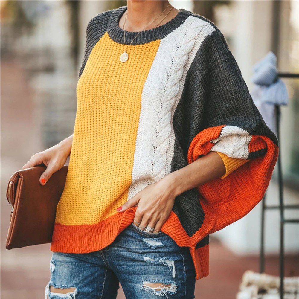 Fashion Women Contrast Color Patchwork Sweaters Autumn Casual Long Lantern Sleeve Knitted Pullovers Streetwear Loose Jumpers Женская