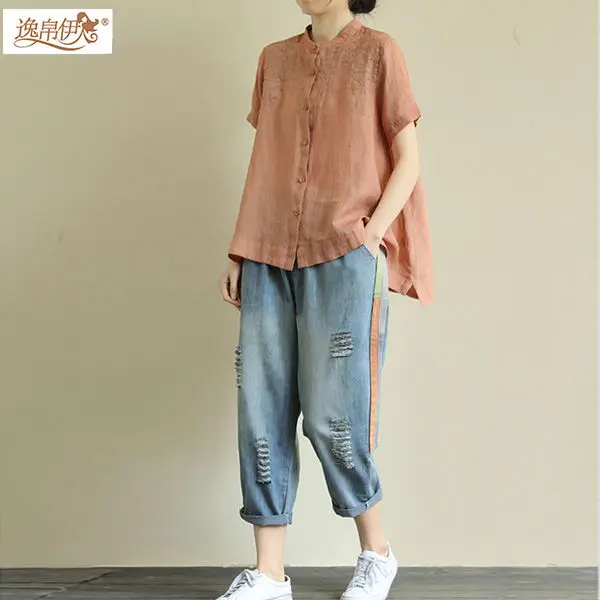 

Vintage 100% Cotton Embroidery Women Shirts Solid Loose Oversized 4XL Stand Collar Short-Sleeved Female Outwear Coats Tops