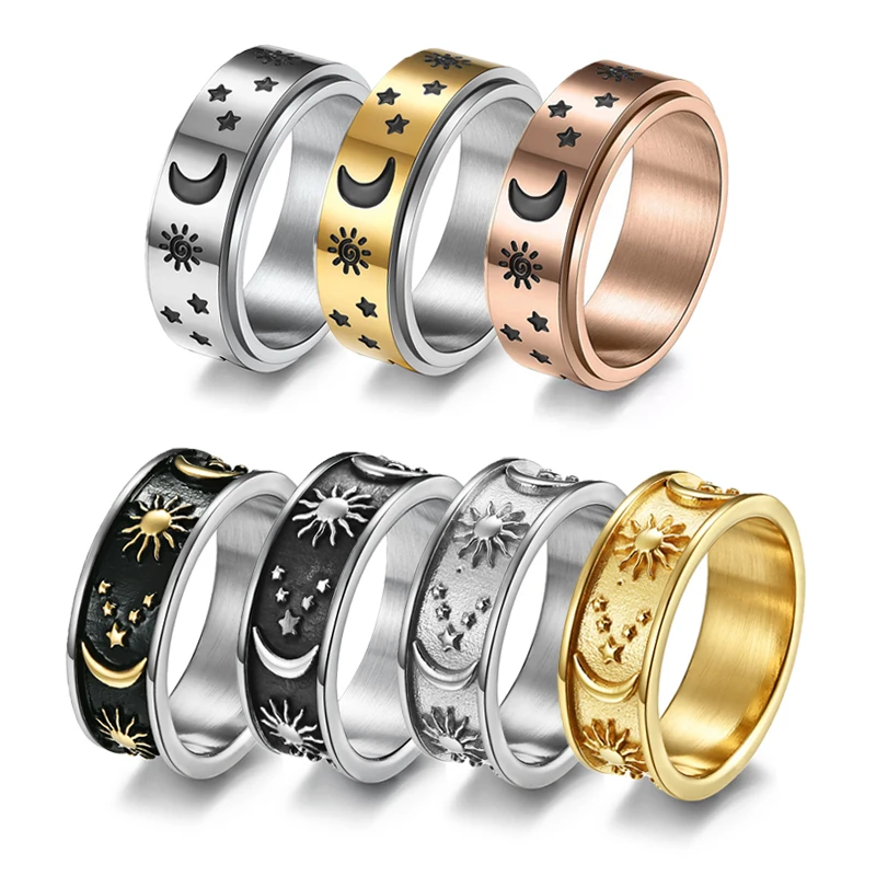 

Multi-size Boho Sun Moon Star Design Spinner Ring Gold Plated Stainless Steel Mens Wide Wedding Band Rings