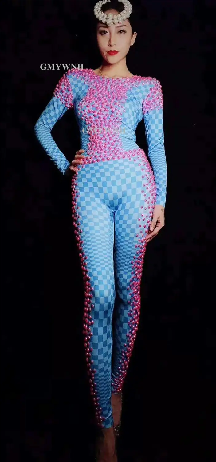 W60 сексуальный женский танцевальный сценический костюм синий комбинезон с