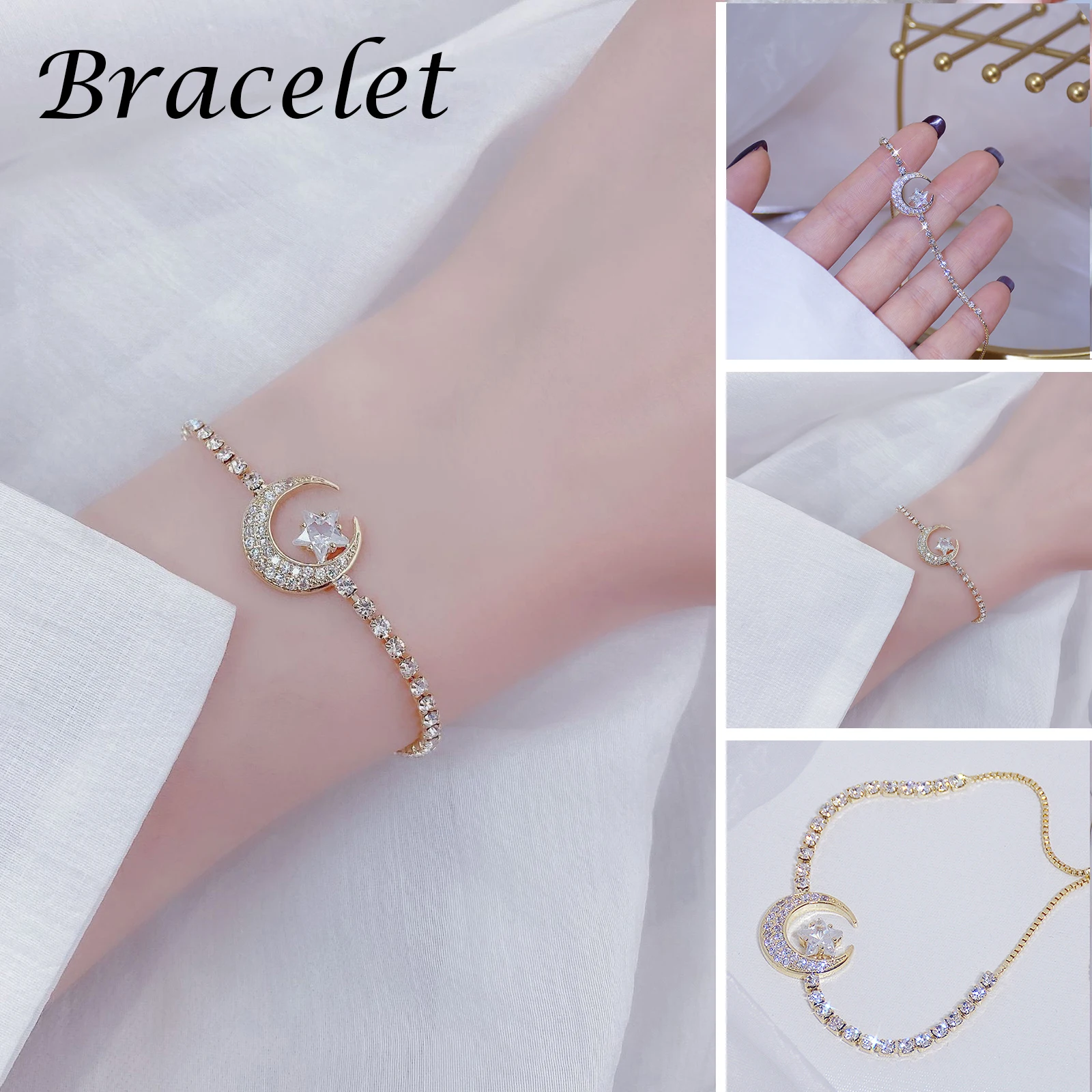 

Gold & Crystal Crescent Moon Bracelet Sparkling Diamond Zircon Star Moon Bracelet NIN668