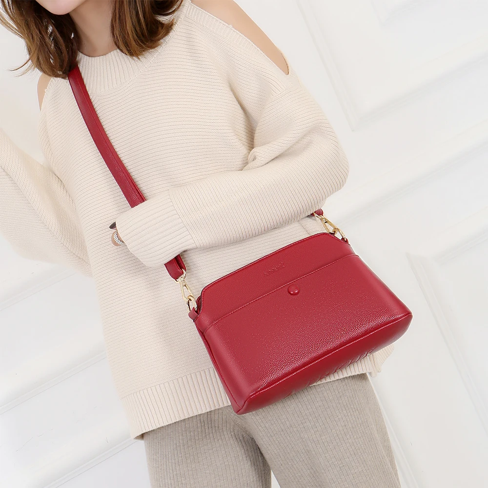 Женские сумки из натуральной кожи модные с линиями личи большие ручные красные