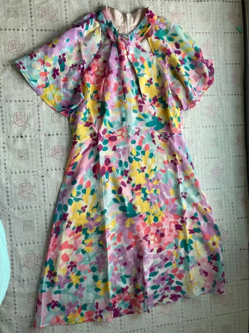 

Color Print Tie Short Sleeve Women Dress