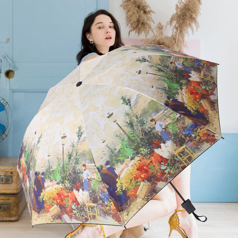 

Folding Umbrella Van Gogh Painted Cherry Blossom Umbrella Wind and UV Protection Umbrella Creative Hand-painted Art Umbrella