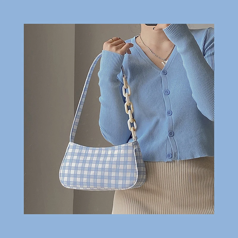 

Синяя/красная клетчатая акриловая сумка для подмышек, новинка 2022, сумка на французской цепочке, Женская сумочка на одно плечо, сумочка-багет