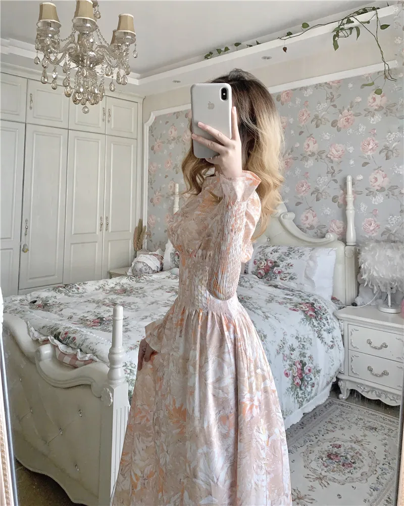 

Maxi Dresses for Women Long Petal Sleeve A-line Dress Floral Print Sexy Vestidos Elegant French Chic Woman Clothes 2021