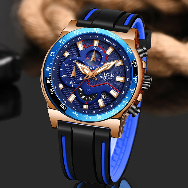 Часы наручные LIGE мужские с силиконовым ремешком брендовые Роскошные Кварцевые