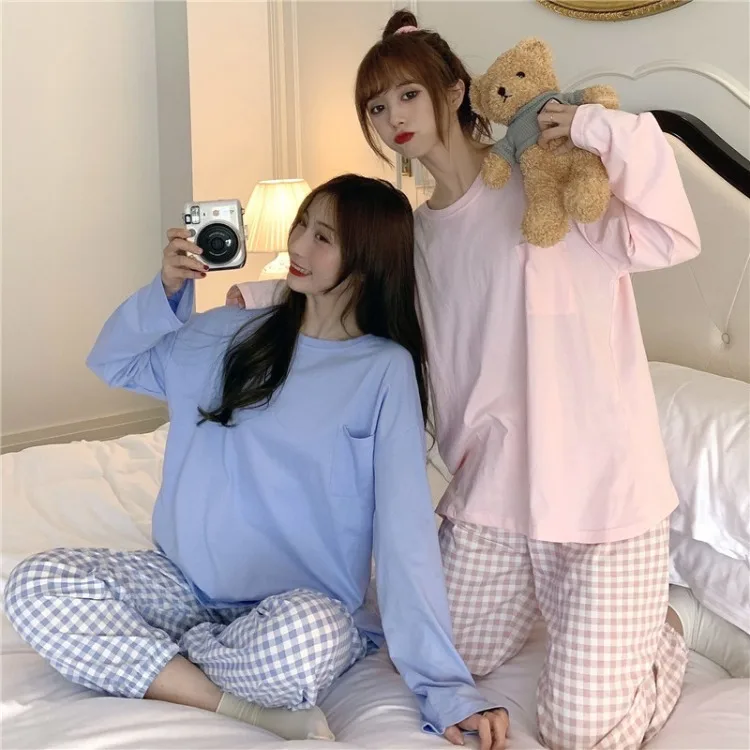 

Pajama Set Loungewear Women Long Sleeve Plaid Pajamas Girls' Spring / Autumn Pink Blue Simple Home Wear Two Piece Set
