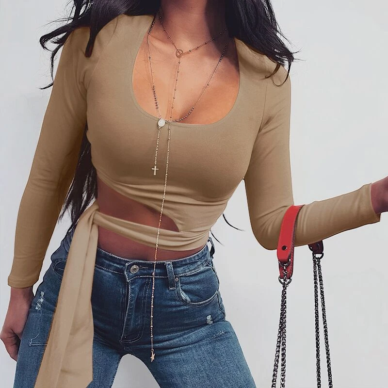 

AIIOU Women Crop Tops Long Sleeve Tshirt Tight Silm Sexy O-Neck Ladies Irregular Casual Bandage Autumn Women Crop Tee Shirt
