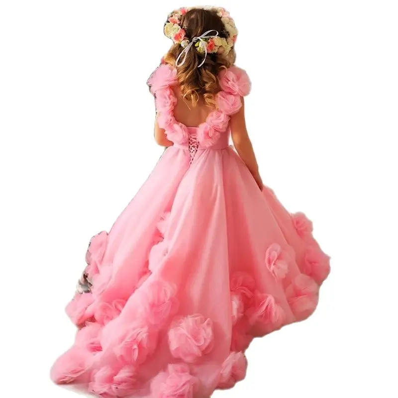 

Puffy Pink Flower Girl Dresses Tulle 3D Flowers Ball Gown Girl Party Gown First Communion Dress New Size 1-14Years