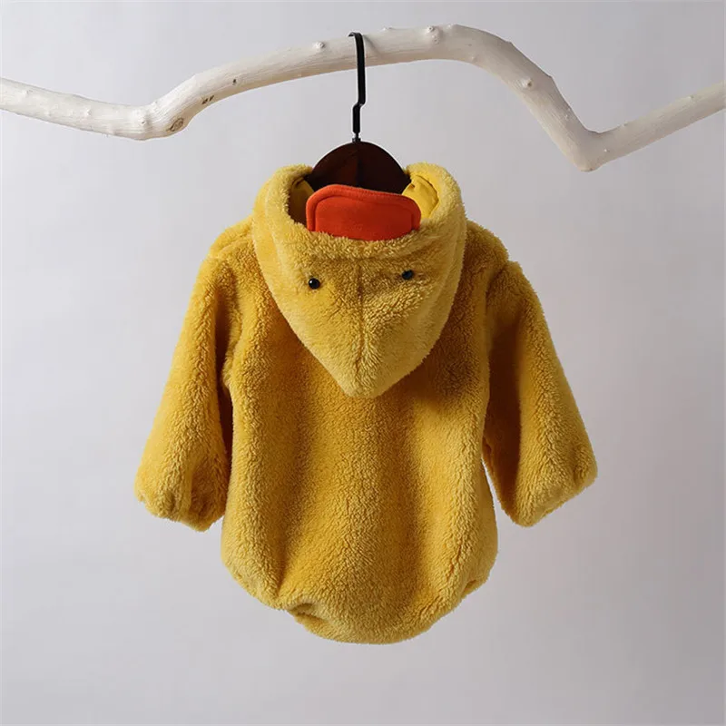 Осенне-зимний толстый теплый костюм с капюшоном и изображением желтой утки для
