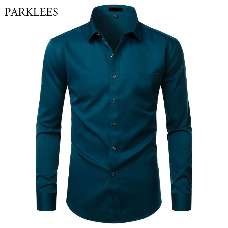 

Solid Color Bamboo Fiber Mens Dress Shirt Formal Business Shirts for Men with Pocket Button Up Comfortable Soft Chemise Homme