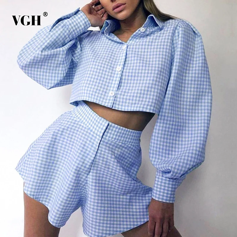 

VGH Casual Blue Plaid Two Piece Set For Women Lapel Lantern Long Sleeve Tops High Waist Shorts Loose Sets Female 2021 Summer New