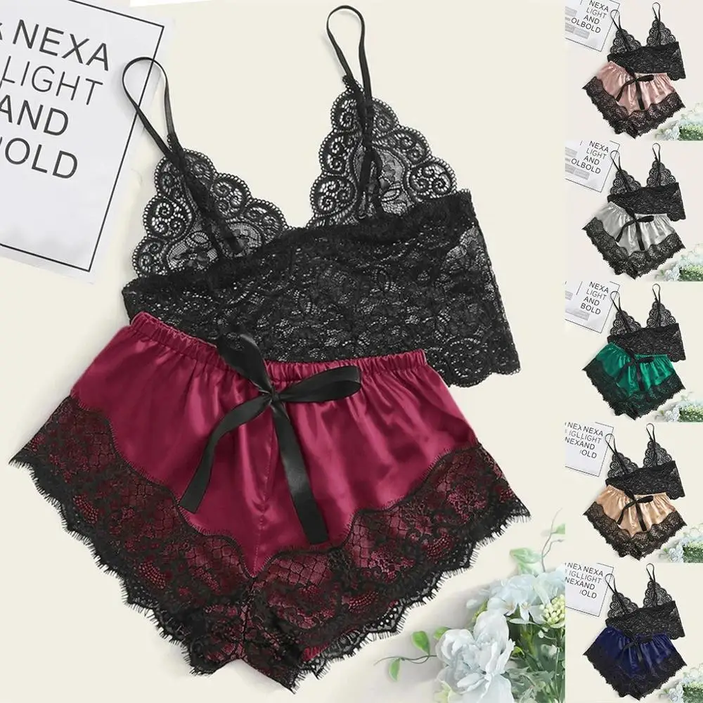 

S-3XL Size Women's Sleepwear Sexy Satin Pajama Set Black Lace V-Neck Pyjamas Sleeveless Cute Cami Top and Short pijama mujer