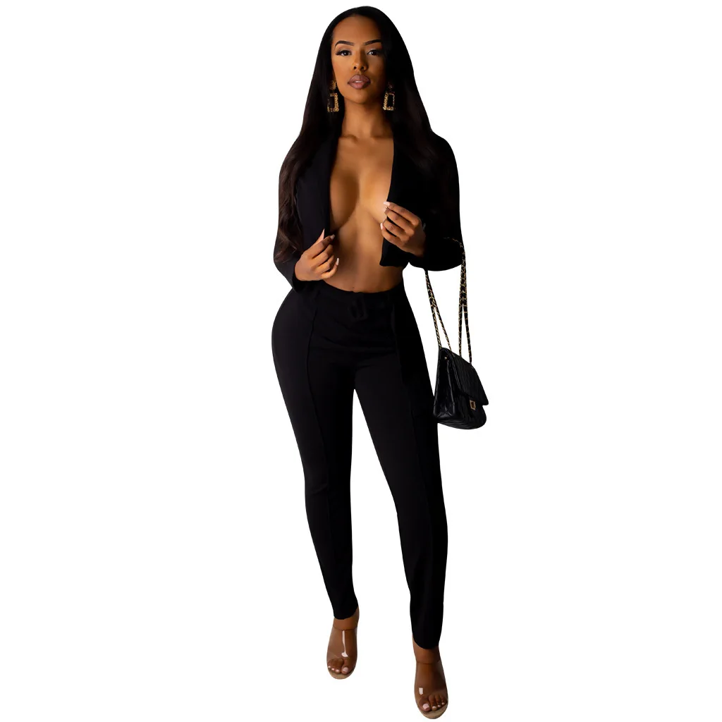 Новинка 2019 женский летний комплект однотонный блейзер с длинным рукавом топ