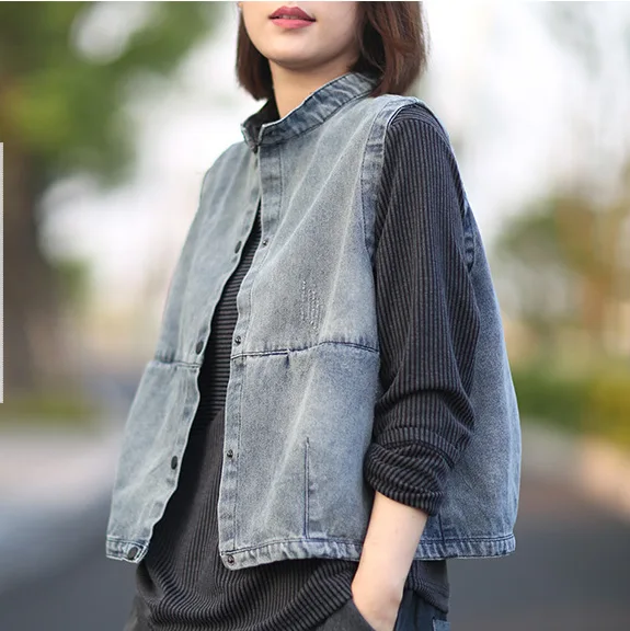 Женская джинсовая Короткая Безрукавка винтажная Повседневная однобортная