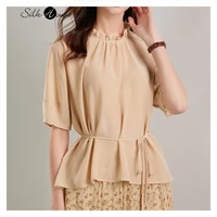 strap waist slim silk blouse female mulberry silk female fashion t shirt wood ear collar 2021 new