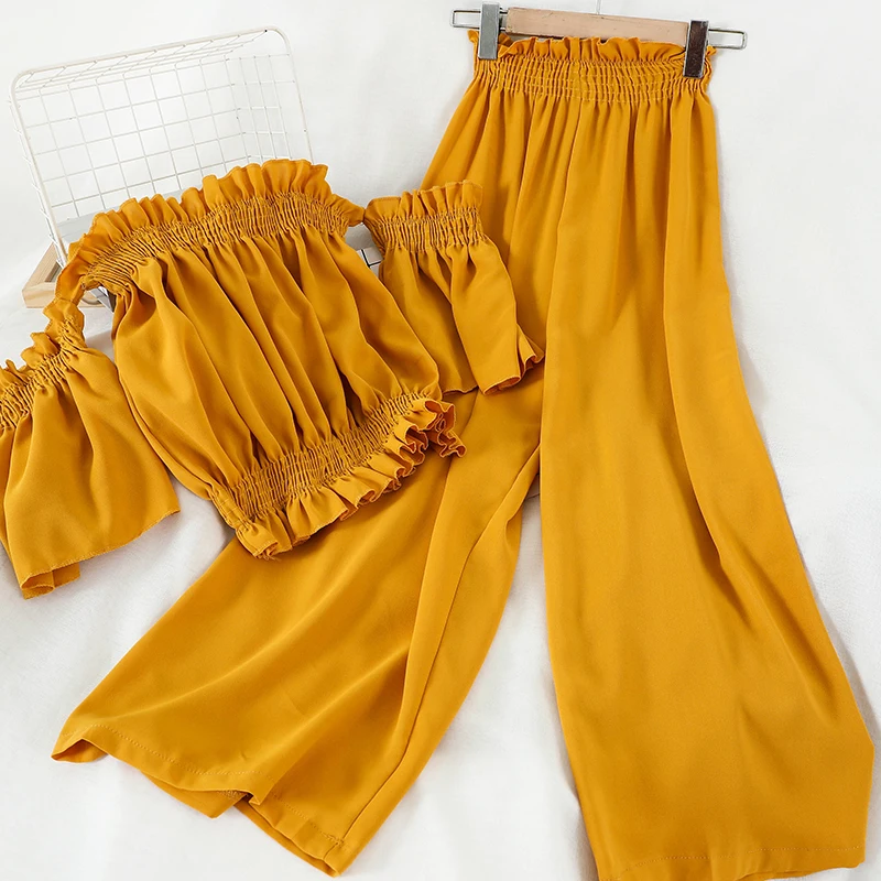 

Summer 2pcs Set New Sexy Slash Neck Ruffles Short Tops + High Elastic Waist Wide Leg Pants 2020 Casual Solid Color Two Piece Set
