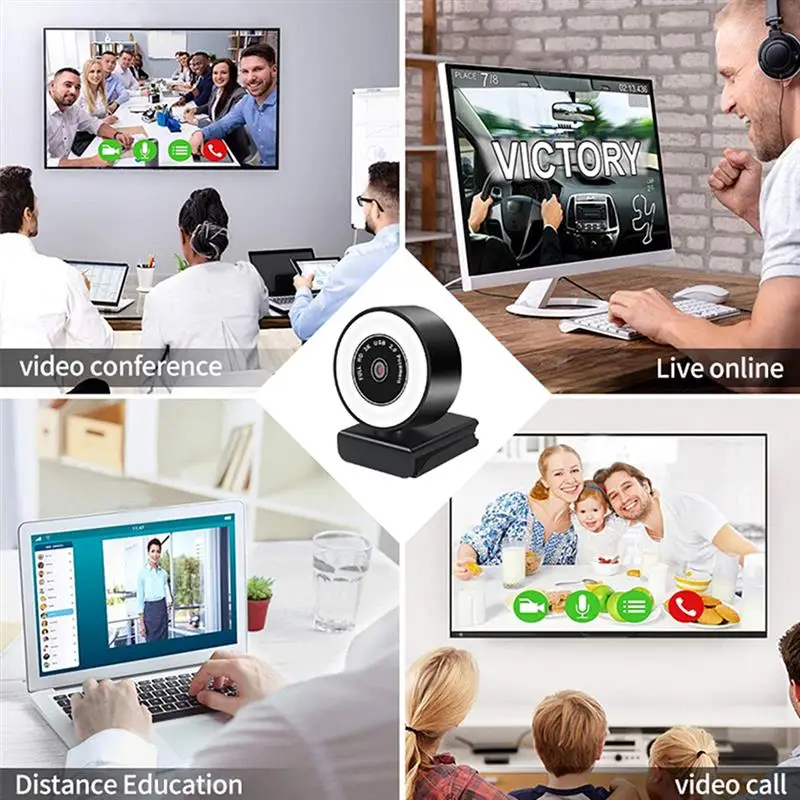 

New Web Camera USB LED Computer Camera Adjustable White 5500K Video Webcam with Microphone, 1080P, Triangular Bracket