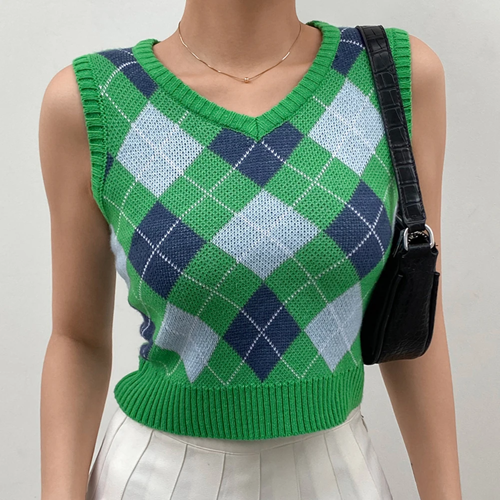 Винтажный укороченный свитер Y2K коричневого цвета с ромбовидным узором Осенний