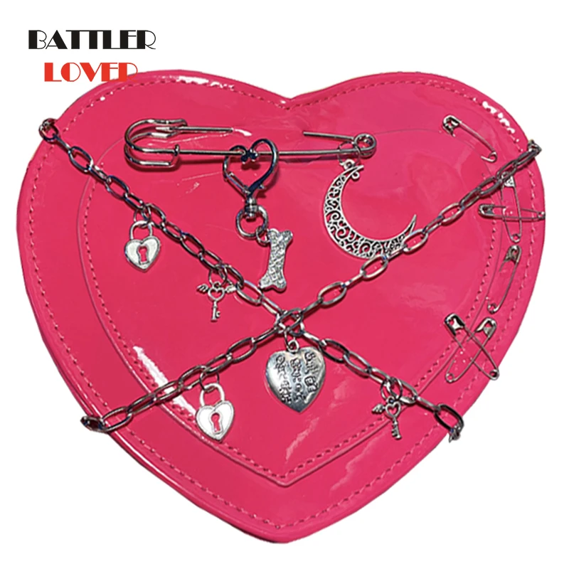 

Punk Subculture Retro Gothic Sweet Lolita Heart-shaped Messenger Bags For Women Harajuku Spice Girl Leather Handbag Shoulder Bag