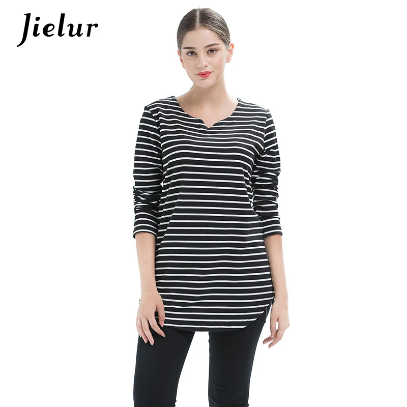 Jielur 2021 Spring Plus Size Black Red Long-sleeved Women's T-shirts Striped V-neck Simple Girl T-shirt Fashion Loose Tops S-4XL | Женская