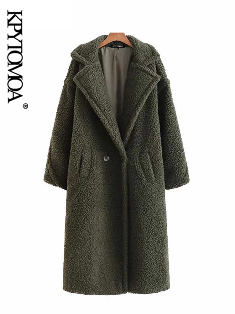 KPYTOMOA Women Fashion Thick Winter Warm Faux Fur Teddy Coat Women Vintage Long Sleeve Pockets Female Outerwear Chic Overcoat