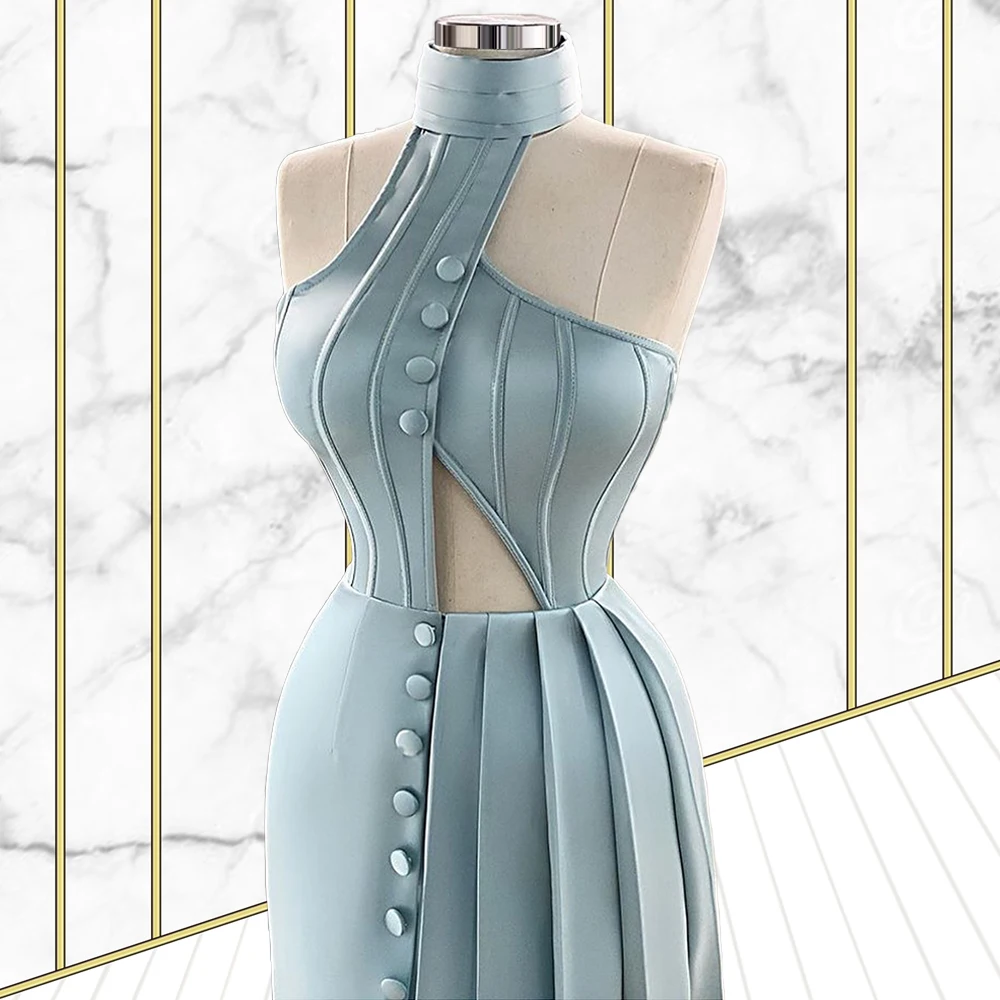 Bandage Buttons Keyhole Satin Prom Light Blue kleider abendkleider 2021  sukienki na studniówkę abito cerimonia donna