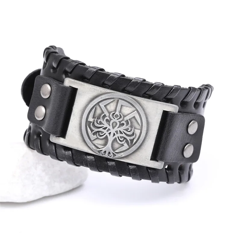 wide black-silver Skyrim Viking славянский Коловрат мир браслет с деревом для мужчин Древо жизни Yggdrasil солнце колесо языческий амулет ювелирные изделия панк нео-Готика - Окраска металла: wide black-silver