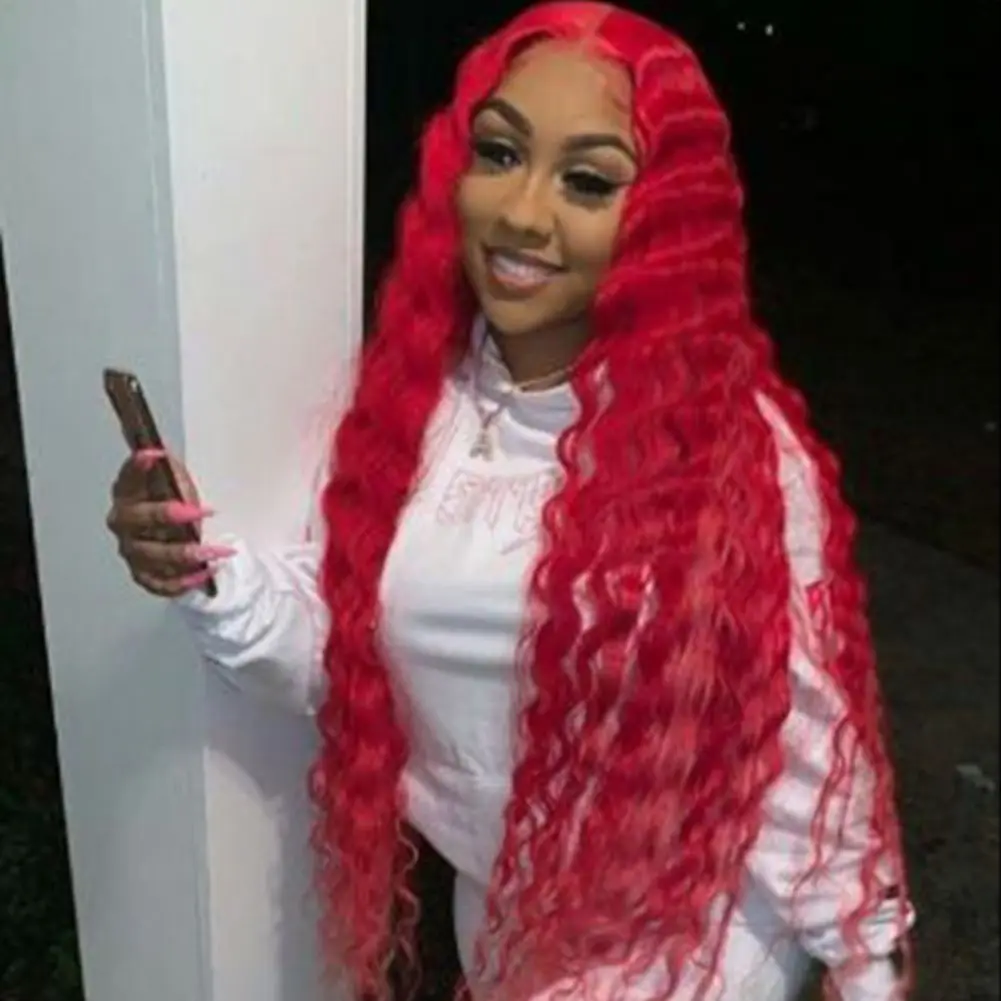 

Hot Pink Deep Wave Frontal Wig Transparent Lace Wigs Blue Red Green 13*4 Lace Front Human Hair Wigs For Black Women Preplucked