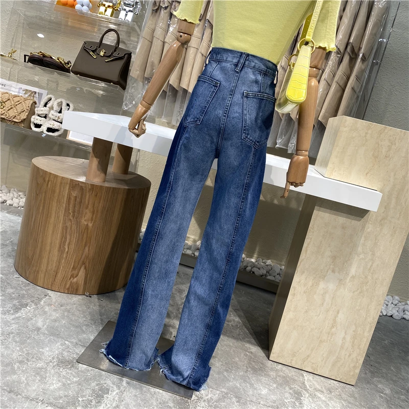 

Retro High Waist Slim Women Denim Jeans Split Mopping Pants Slimming Large Long Leg Female Pants Color Matching Casual Jeans
