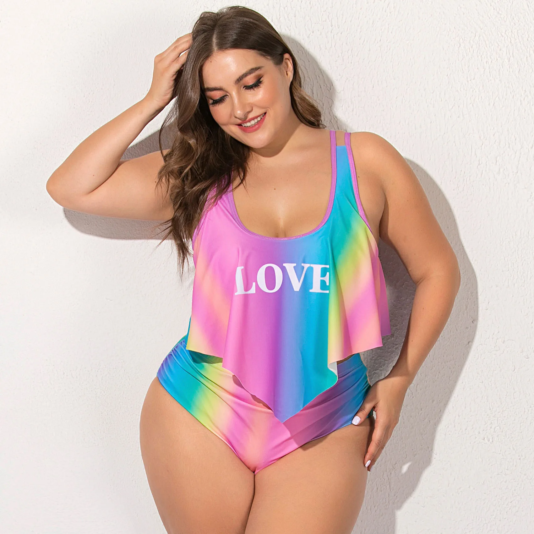 Для женщин кроп топ с оборками и градиентной радужной расцветки размера плюс