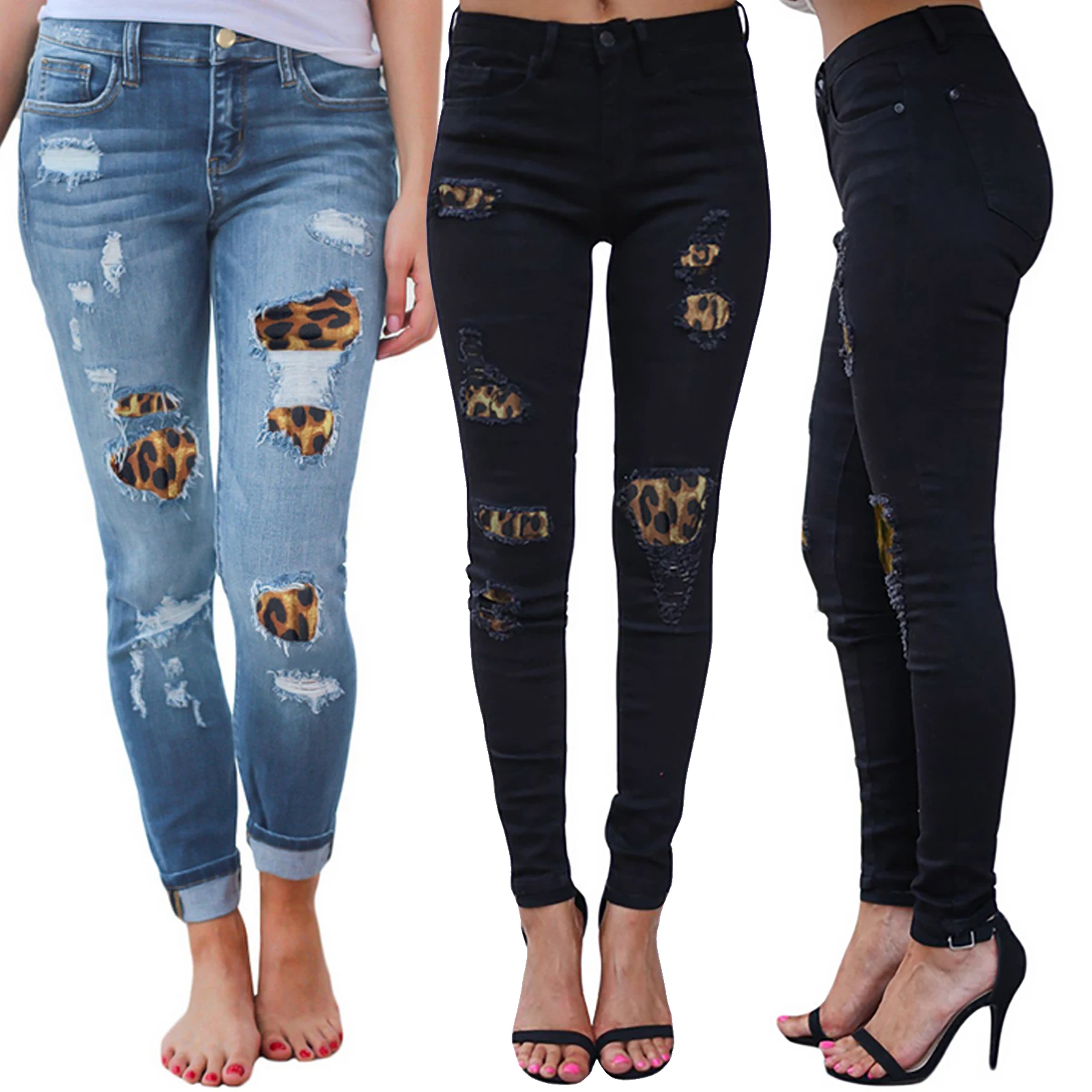 

Women Leopard Printed Patchwork Jeans Fashion Streetwear Pencil Pants Hole High Waisted Denim Slim Casual Long Trousers