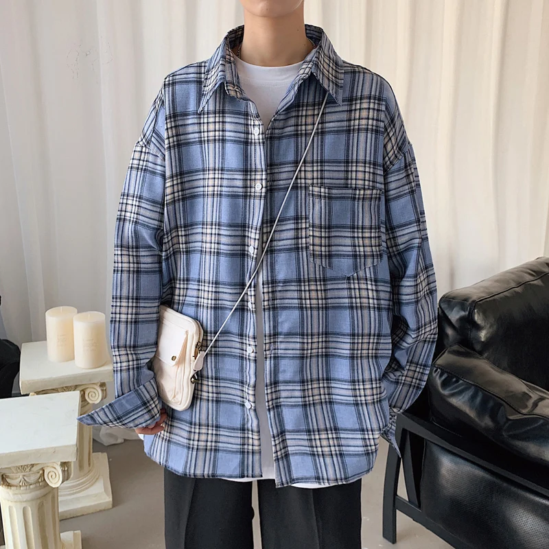 Клетчатая рубашка Мужская модная хлопковая футболка в стиле ретро повседневные