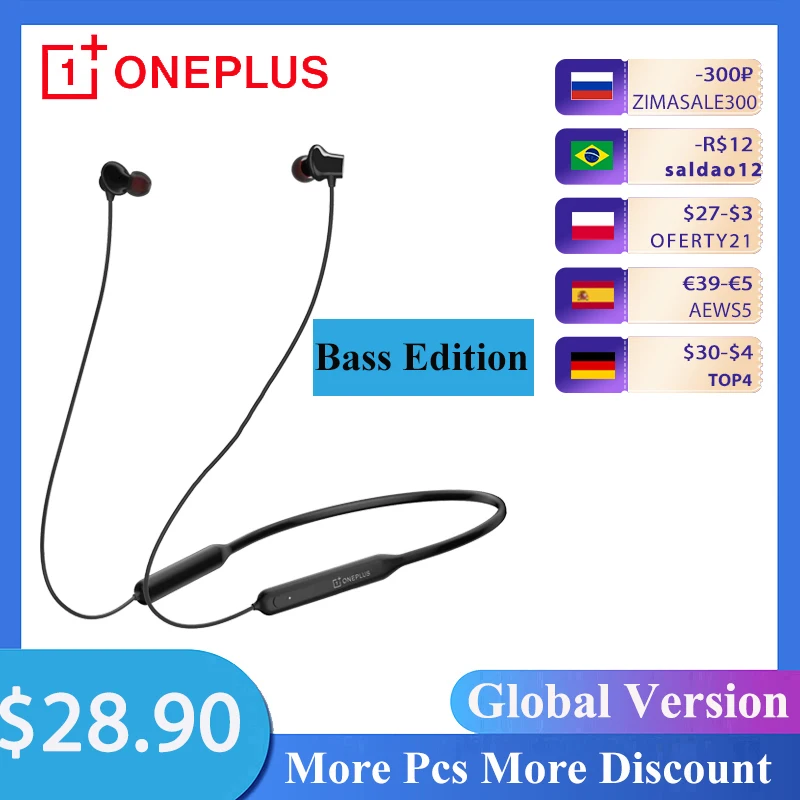  Беспроводные наушники OnePlus Bullets Z, версия для басов, регулируемая Магнитная Зарядка, IP55, спортивные наушники с быстрым переключателем