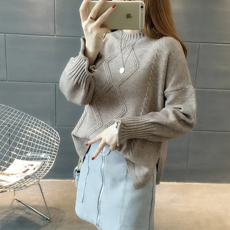 

Long Lantern Sleeve Women Sweater Pullovers Autumn Knitted Tops Jumper 2019 Winter Women O-Neck Pull Femme Soft Knitwear H200